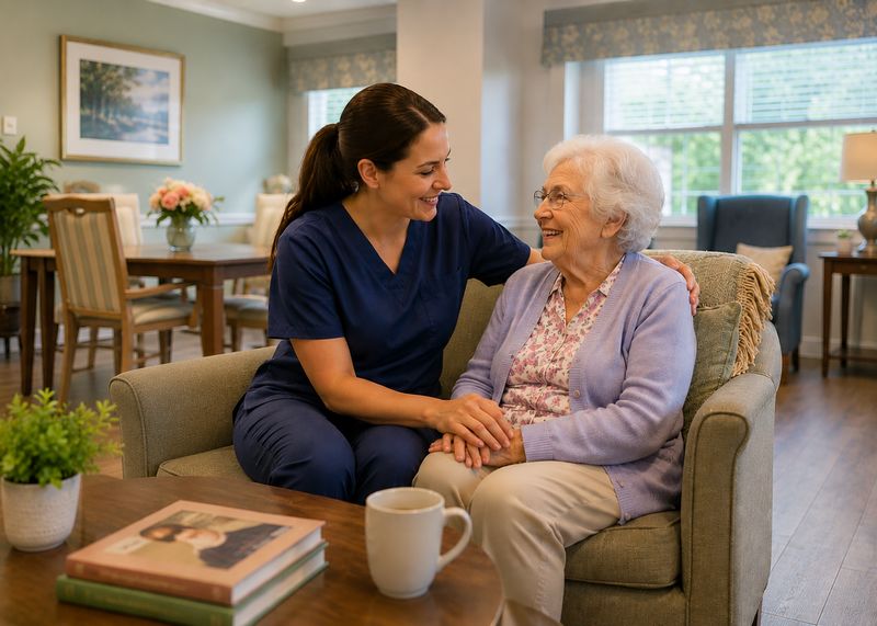 Caring staff with resident at The Waters of Castleton
